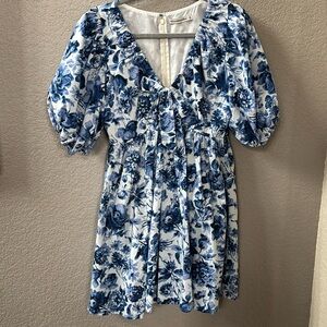 Abercrombie & Fitch || Cinch Front Blue Floral Puff Sleeve Poplin Mini Dress M